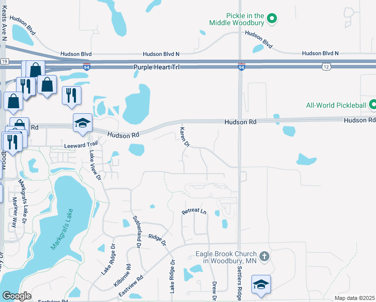 map of restaurants, bars, coffee shops, grocery stores, and more near 355 Karen Lane in Woodbury