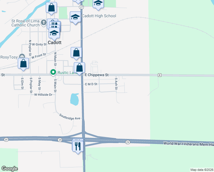map of restaurants, bars, coffee shops, grocery stores, and more near 521 East M D Street in Cadott