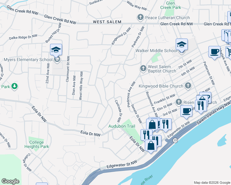 map of restaurants, bars, coffee shops, grocery stores, and more near 734 Cascade Drive Northwest in Salem