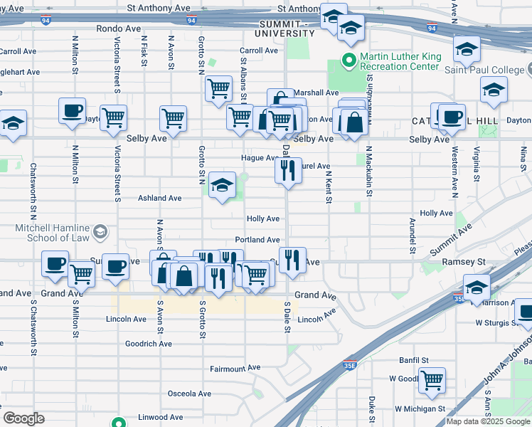 map of restaurants, bars, coffee shops, grocery stores, and more near 650 Holly Avenue in Saint Paul