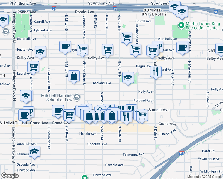 map of restaurants, bars, coffee shops, grocery stores, and more near 754 Holly Avenue in Saint Paul