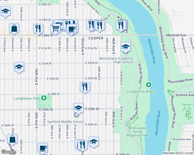 map of restaurants, bars, coffee shops, grocery stores, and more near 3305 44th Avenue South in Minneapolis