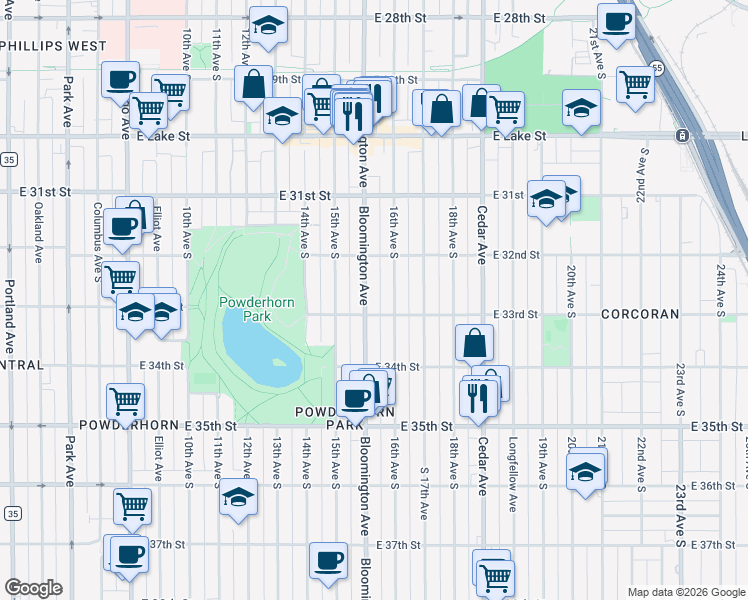 map of restaurants, bars, coffee shops, grocery stores, and more near 3255 Bloomington Avenue in Minneapolis