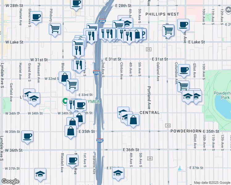 map of restaurants, bars, coffee shops, grocery stores, and more near 3300 3rd Avenue South in Minneapolis