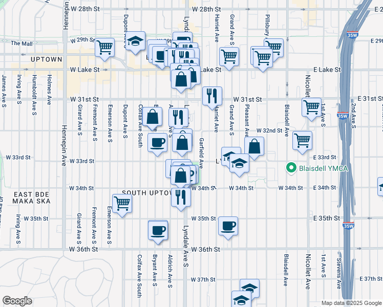 map of restaurants, bars, coffee shops, grocery stores, and more near 3255 Lyndale Avenue South in Minneapolis