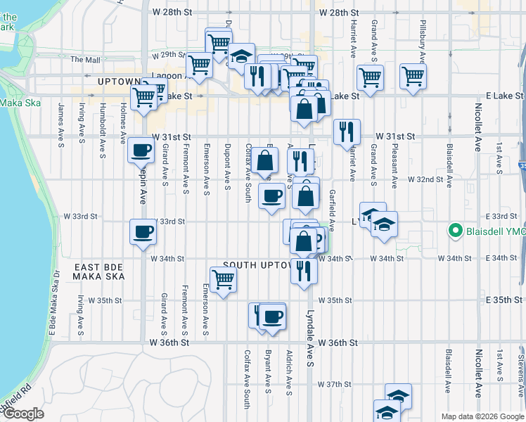 map of restaurants, bars, coffee shops, grocery stores, and more near 3252 Bryant Avenue South in Minneapolis
