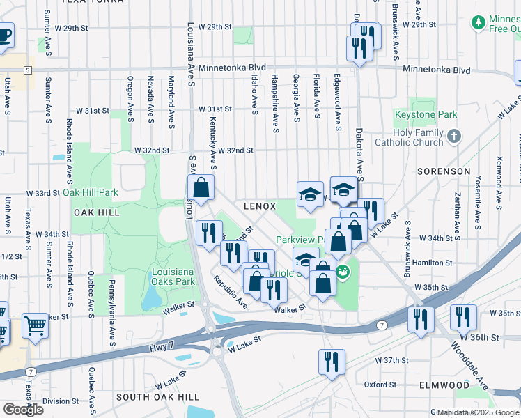 map of restaurants, bars, coffee shops, grocery stores, and more near 3304 Idaho Avenue South in St. Louis Park