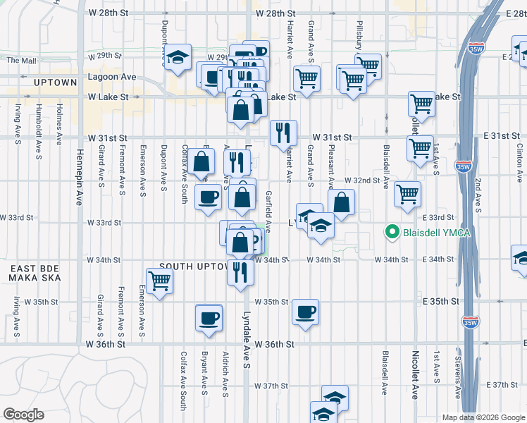 map of restaurants, bars, coffee shops, grocery stores, and more near in Minneapolis