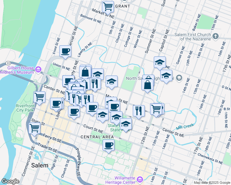 map of restaurants, bars, coffee shops, grocery stores, and more near 555 Winter Street Northeast in Salem