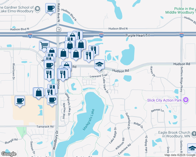 map of restaurants, bars, coffee shops, grocery stores, and more near 375 Lake View Drive in Woodbury
