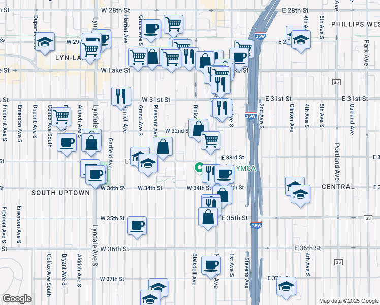 map of restaurants, bars, coffee shops, grocery stores, and more near 119 West 33rd Street in Minneapolis