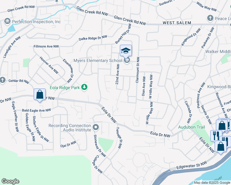 map of restaurants, bars, coffee shops, grocery stores, and more near 634 Timber View Street Northwest in Salem