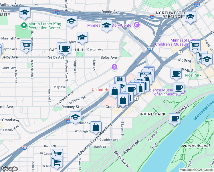 map of restaurants, bars, coffee shops, grocery stores, and more near 108 Thompson Street in Saint Paul