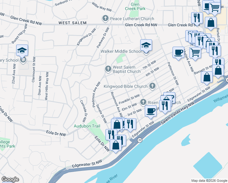 map of restaurants, bars, coffee shops, grocery stores, and more near 621 Rosemont Avenue Northwest in Salem