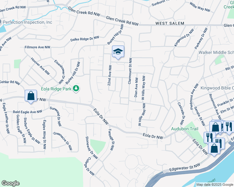 map of restaurants, bars, coffee shops, grocery stores, and more near 634 Timber View Street Northwest in Salem