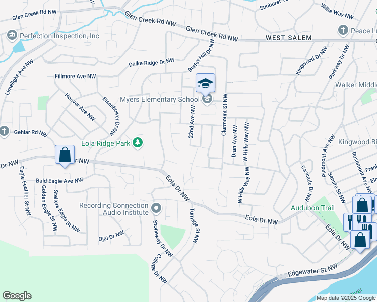 map of restaurants, bars, coffee shops, grocery stores, and more near 634 Timber View Street Northwest in Salem