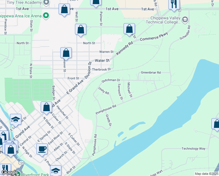 map of restaurants, bars, coffee shops, grocery stores, and more near 145 Marrs Street in Chippewa Falls