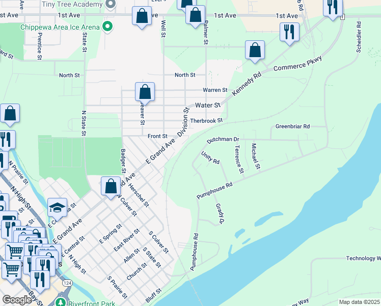 map of restaurants, bars, coffee shops, grocery stores, and more near 672 Dutchman Drive in Chippewa Falls