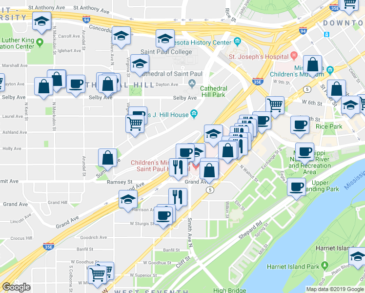map of restaurants, bars, coffee shops, grocery stores, and more near 345 Smith Avenue North in Saint Paul