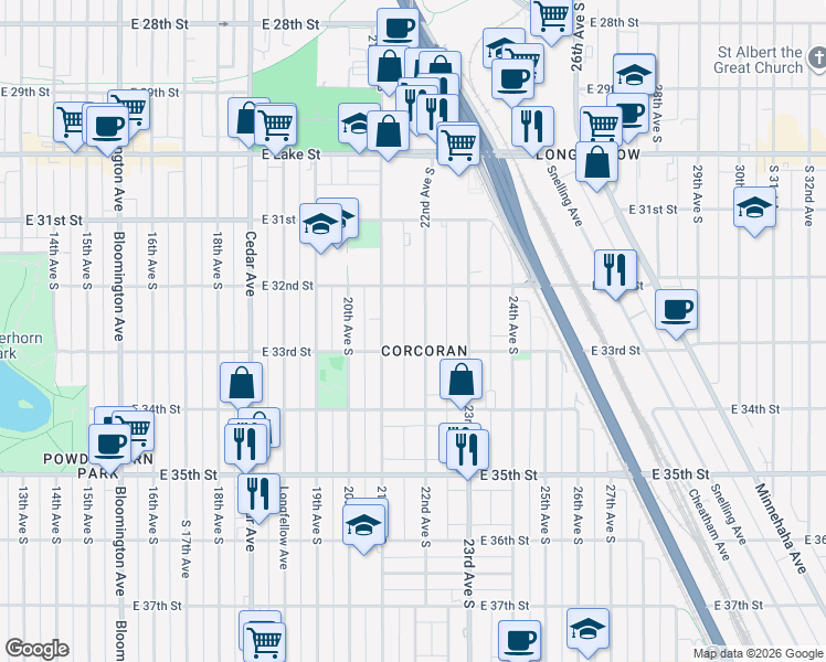 map of restaurants, bars, coffee shops, grocery stores, and more near 2111 East 33rd Street in Minneapolis