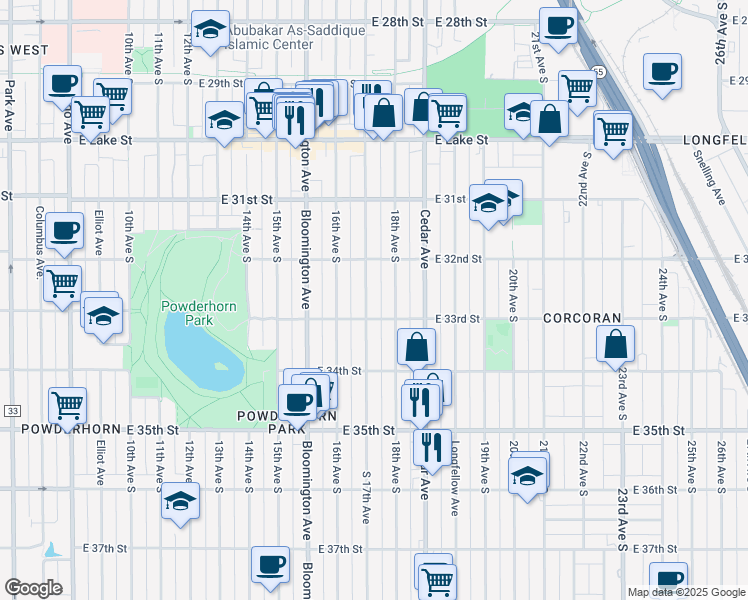 map of restaurants, bars, coffee shops, grocery stores, and more near 3244 18th Avenue South in Minneapolis