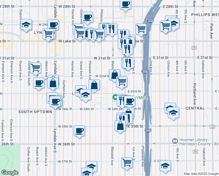 map of restaurants, bars, coffee shops, grocery stores, and more near 119 West 33rd Street in Minneapolis