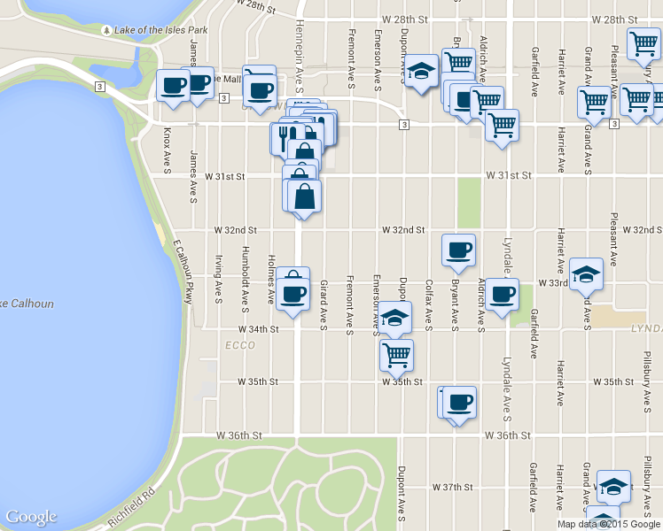 map of restaurants, bars, coffee shops, grocery stores, and more near 3253 Girard Avenue South in Minneapolis