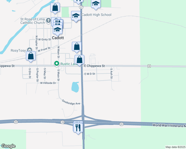 map of restaurants, bars, coffee shops, grocery stores, and more near 449 East M D Street in Cadott