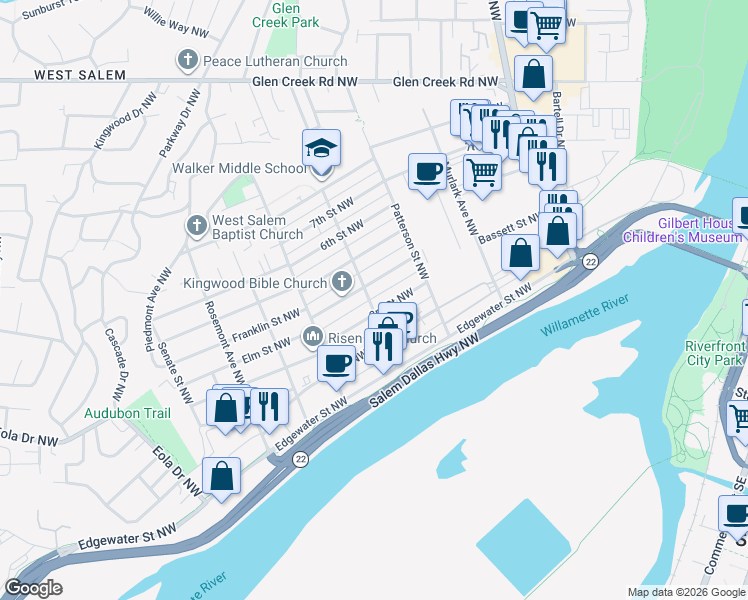 map of restaurants, bars, coffee shops, grocery stores, and more near 322 McNary Avenue Northwest in Salem