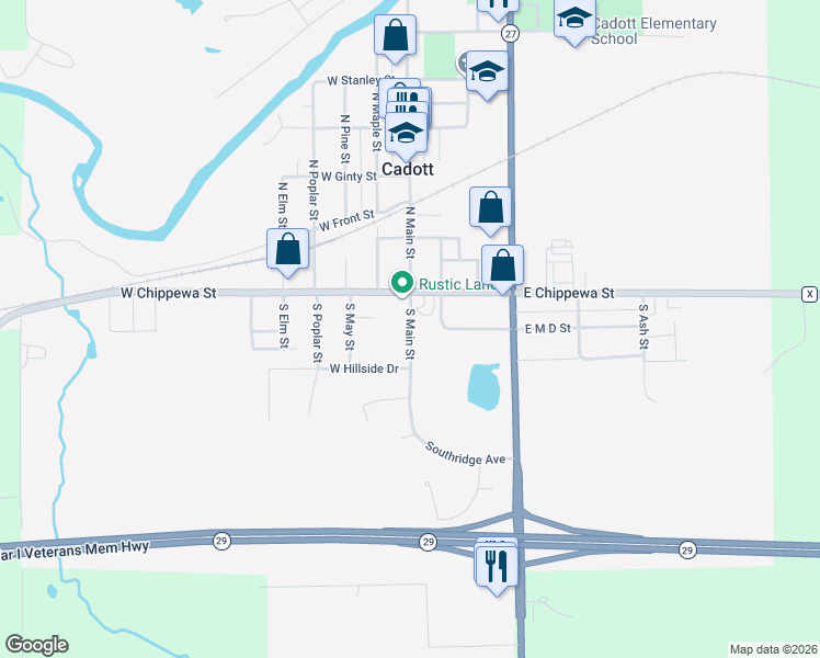 map of restaurants, bars, coffee shops, grocery stores, and more near 139 South Main Street in Cadott
