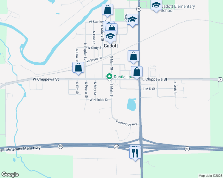 map of restaurants, bars, coffee shops, grocery stores, and more near 139 South Main Street in Cadott