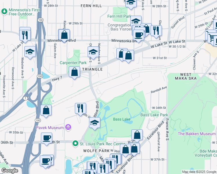 map of restaurants, bars, coffee shops, grocery stores, and more near 4501 Park Glen Road in St. Louis Park