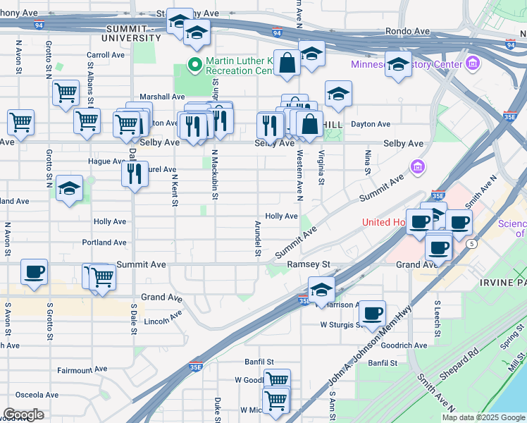 map of restaurants, bars, coffee shops, grocery stores, and more near 40 Arundel Street in Saint Paul