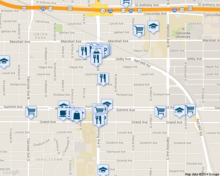 map of restaurants, bars, coffee shops, grocery stores, and more near 1531 Portland Avenue in Saint Paul