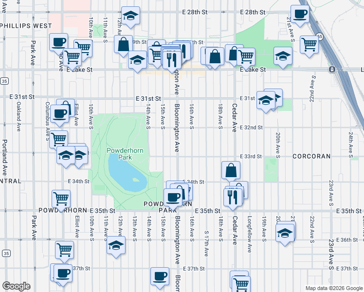 map of restaurants, bars, coffee shops, grocery stores, and more near 3255 Bloomington Avenue in Minneapolis