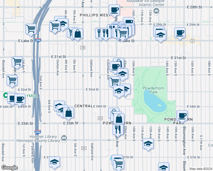 map of restaurants, bars, coffee shops, grocery stores, and more near 3300 Columbus Avenue in Minneapolis