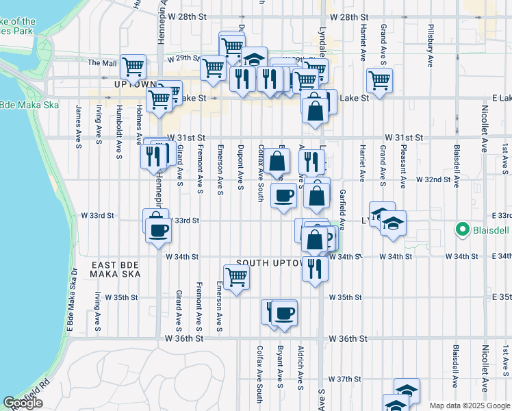 map of restaurants, bars, coffee shops, grocery stores, and more near in Minneapolis