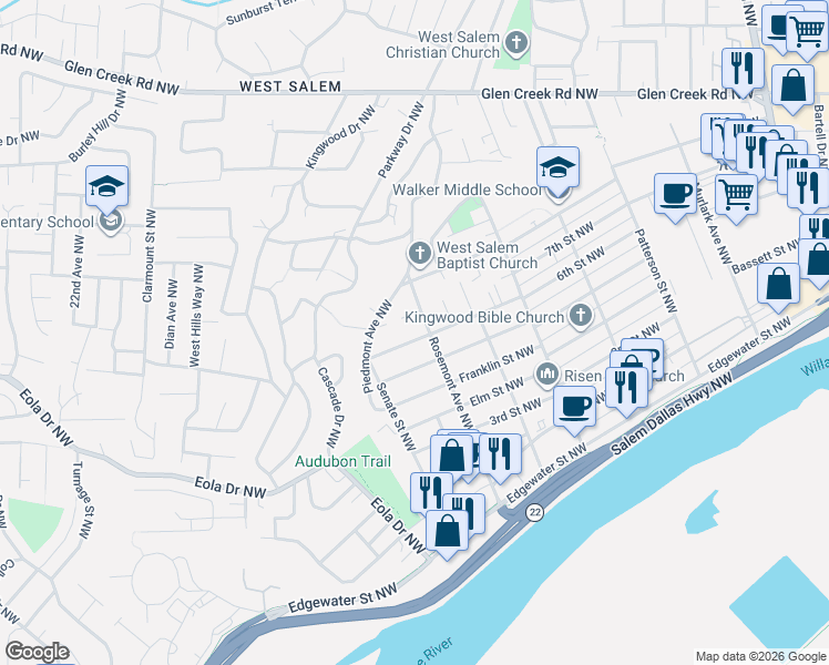 map of restaurants, bars, coffee shops, grocery stores, and more near 621 Rosemont Avenue Northwest in Salem