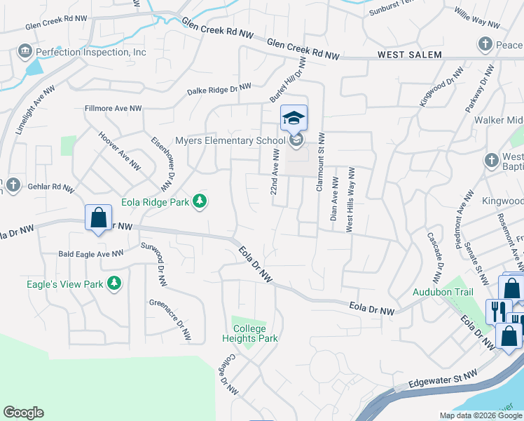 map of restaurants, bars, coffee shops, grocery stores, and more near 2325 Mule Deer Court Northwest in Salem