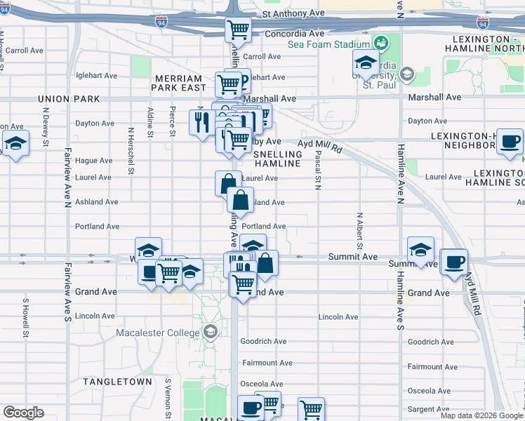 map of restaurants, bars, coffee shops, grocery stores, and more near 1531 Portland Avenue in Saint Paul