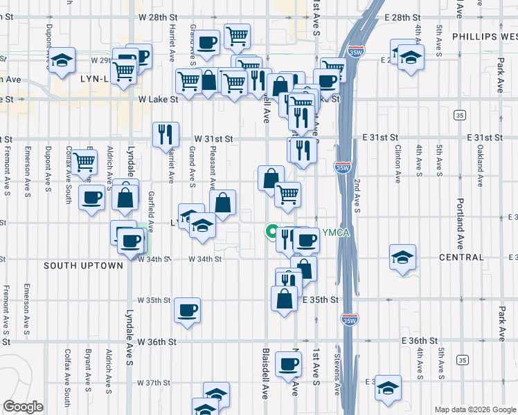 map of restaurants, bars, coffee shops, grocery stores, and more near 119 West 33rd Street in Minneapolis