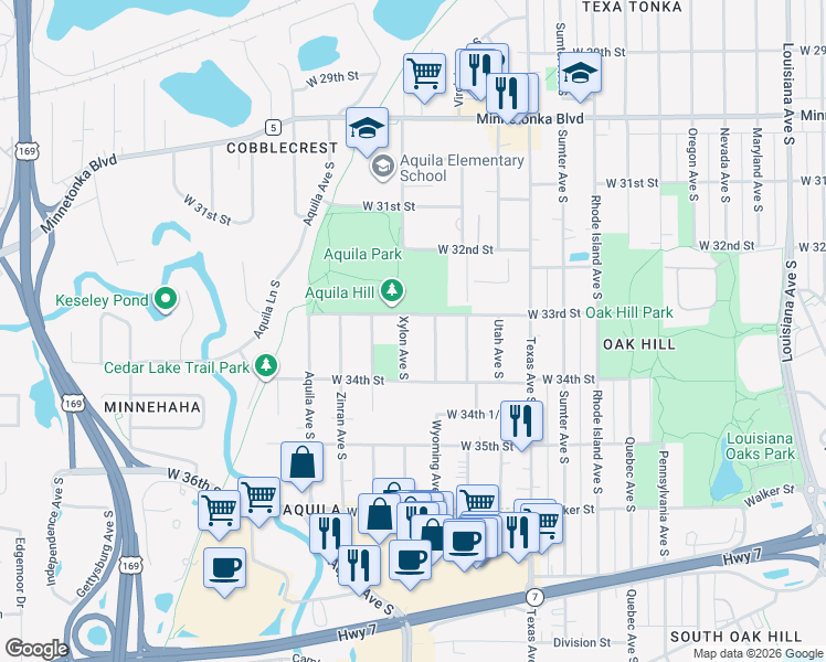 map of restaurants, bars, coffee shops, grocery stores, and more near 3335 Xylon Avenue South in Minneapolis