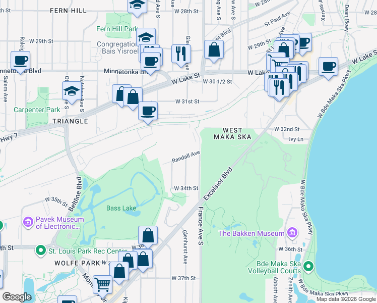 map of restaurants, bars, coffee shops, grocery stores, and more near 3305 Glenhurst Avenue in Minneapolis