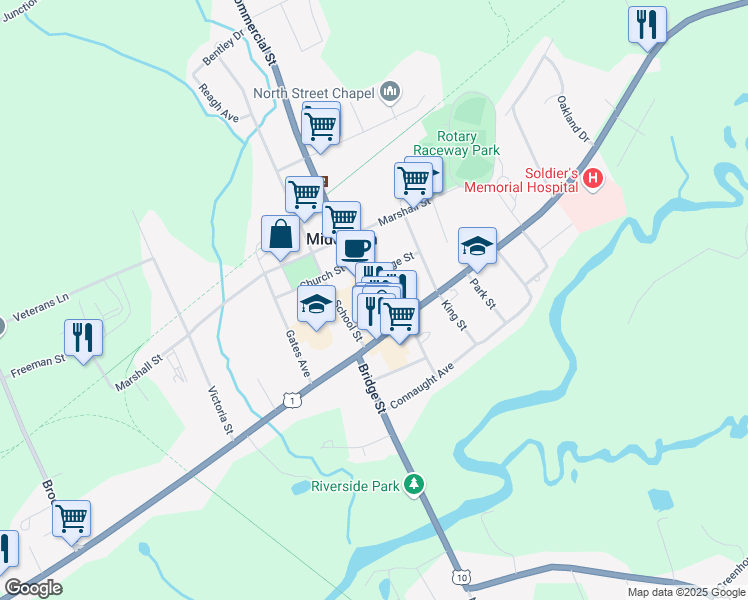 map of restaurants, bars, coffee shops, grocery stores, and more near 56 Commercial Street in Middleton