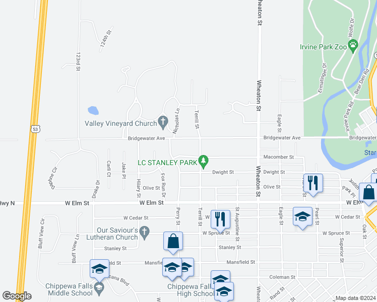 map of restaurants, bars, coffee shops, grocery stores, and more near 820 Macomber Street in Chippewa Falls