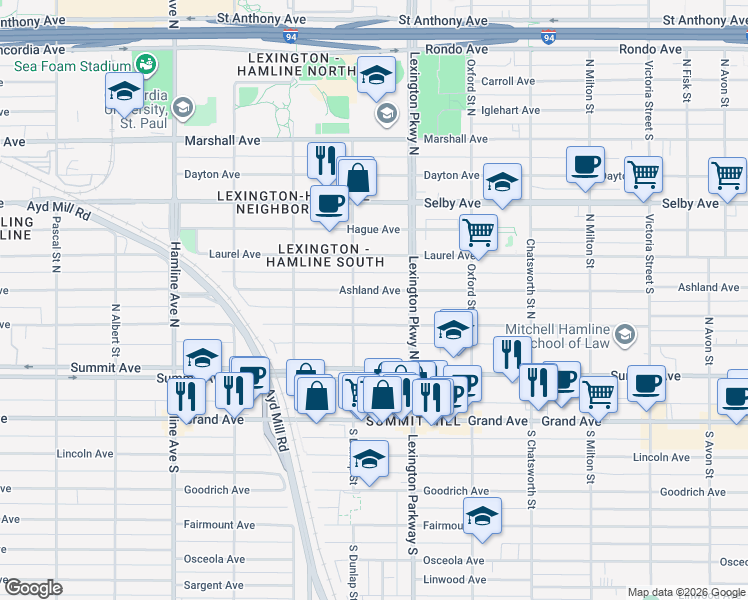 map of restaurants, bars, coffee shops, grocery stores, and more near 1143 Portland Avenue in Saint Paul
