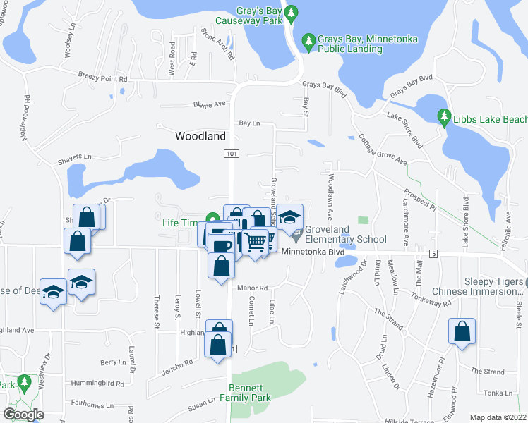 map of restaurants, bars, coffee shops, grocery stores, and more near 17436 Sanctuary Drive in Wayzata
