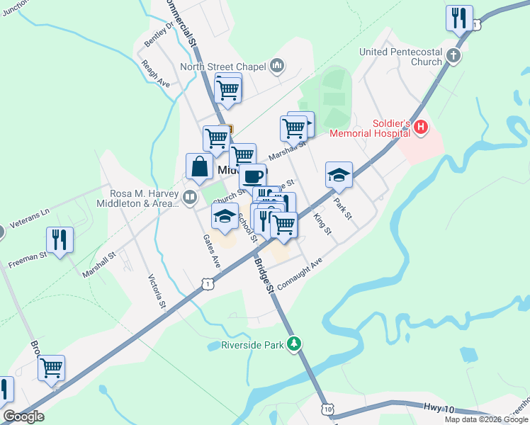 map of restaurants, bars, coffee shops, grocery stores, and more near 60 Commercial Street in Middleton