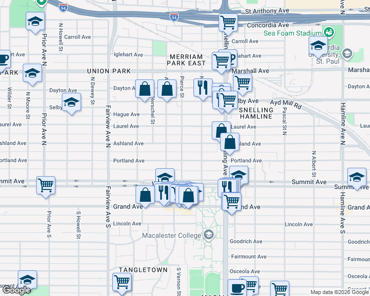 map of restaurants, bars, coffee shops, grocery stores, and more near 1664 Ashland Avenue in Saint Paul