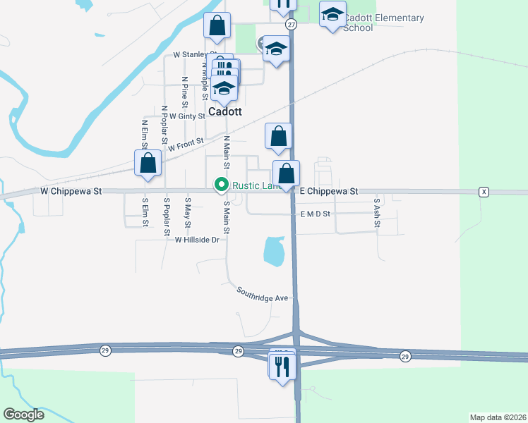 map of restaurants, bars, coffee shops, grocery stores, and more near 227 East M D Street in Cadott